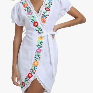 YZXDORWJ WHITE WOMENS MEXICAN FLORAL MEXICAN WRAP DRESS